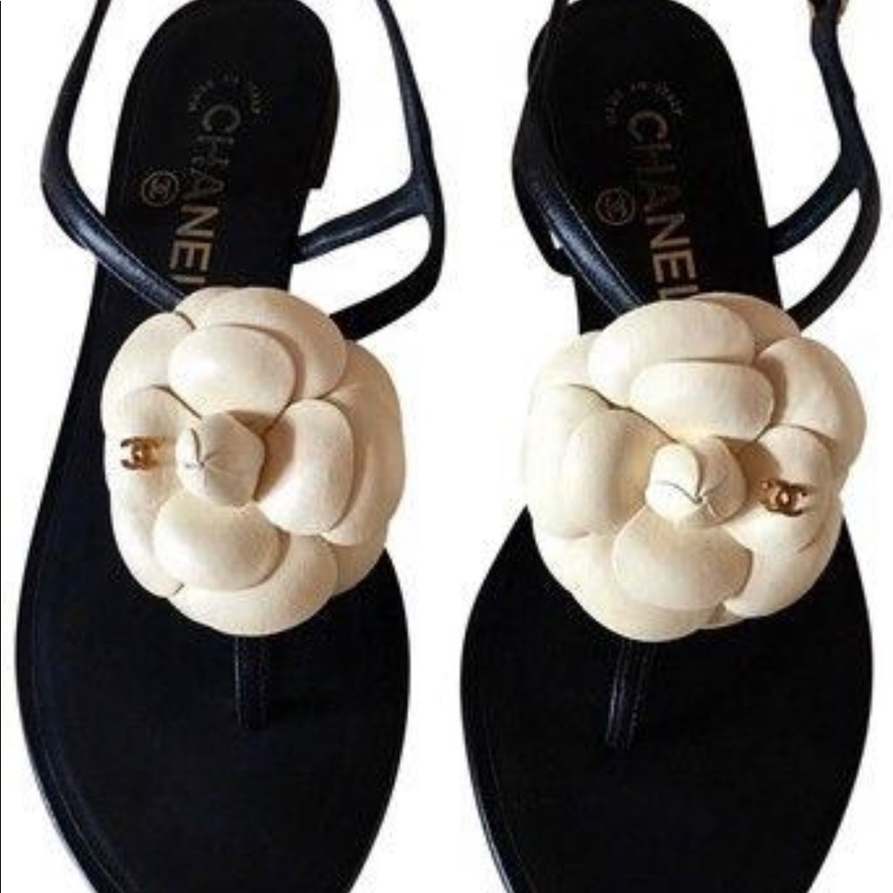 Chanel Black + Cream Ankle Strap Leather Sandals